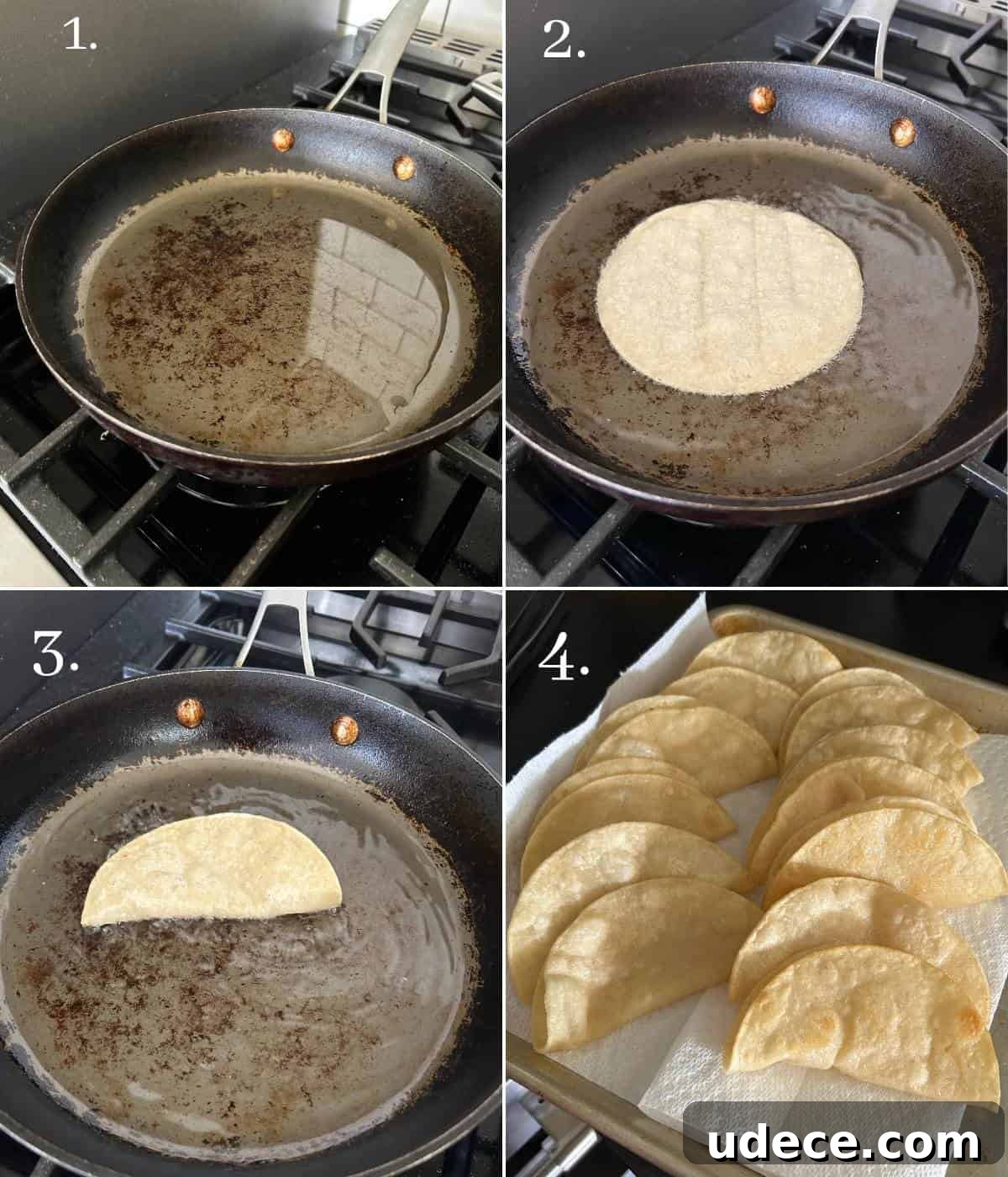 Crispy Ground Beef Tacos Recipe — Quick Weeknight Dinner 6 Frying corn tortilla shells in pan.