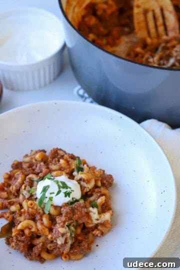 Cheesy beef macaroni in bowl.