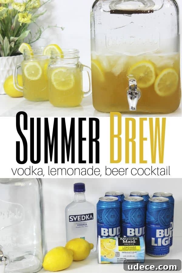 Summer brew is a vodka, lemonade, and beer cocktail that is perfect for summer. Summer Brew pin image