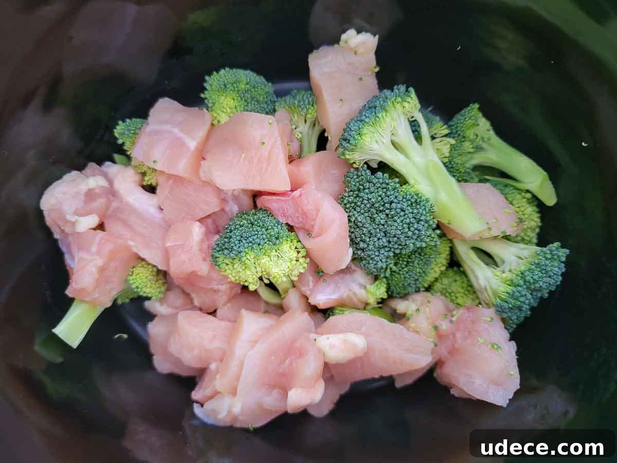 Slow-Cooker Chicken Poppy Seed Casserole Recipe 4 diced chicken and broccoli in a crock pot.