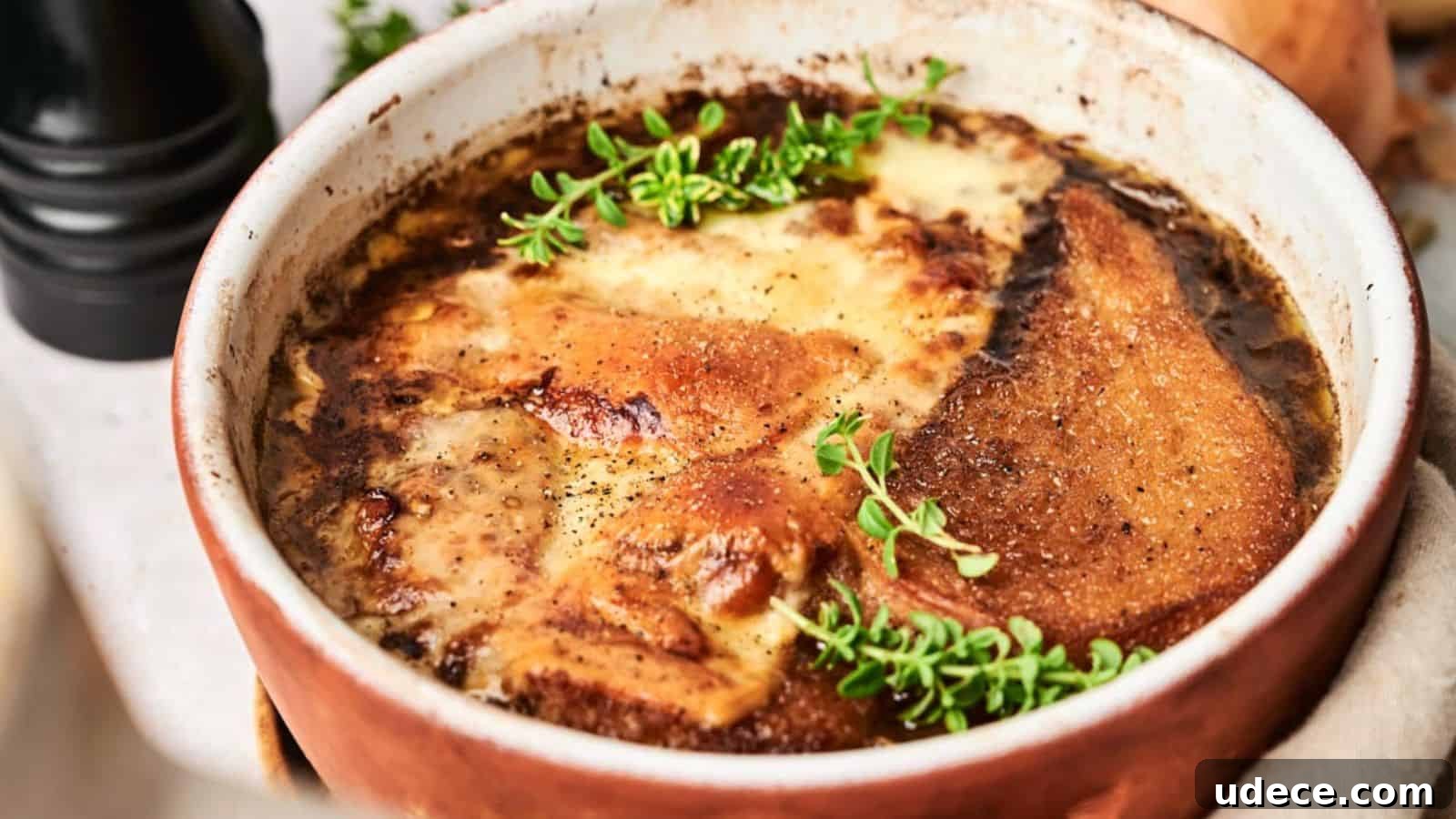 A close-up of baked French onion soup topped with melted cheese and garnished with fresh thyme in a rustic bowl.
