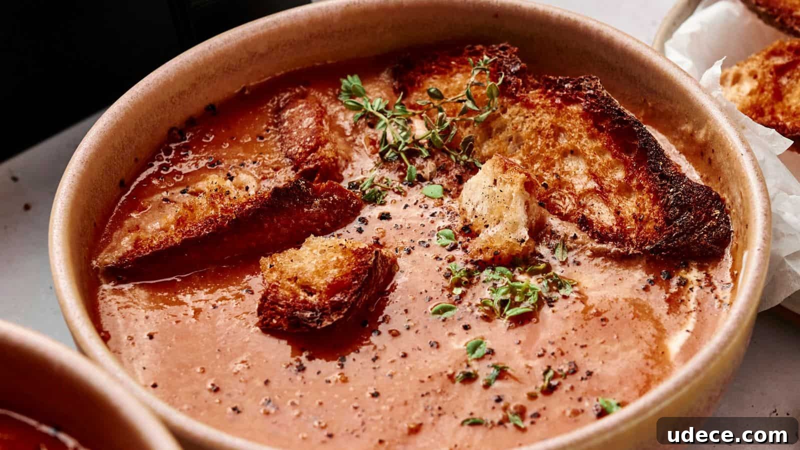 A bowl of tomato soup topped with toasted bread pieces, fresh thyme sprigs, and cracked black pepper.