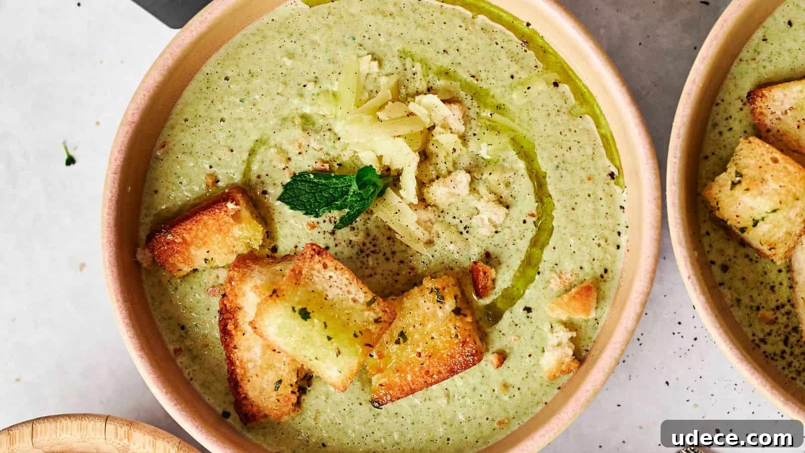 Bowl of green soup with croutons, shredded cheese, a mint leaf, and a swirl of olive oil on top.