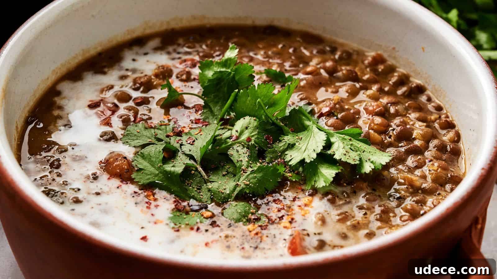 A bowl of lentil soup garnished with fresh cilantro, ground pepper, and a swirl of cream.