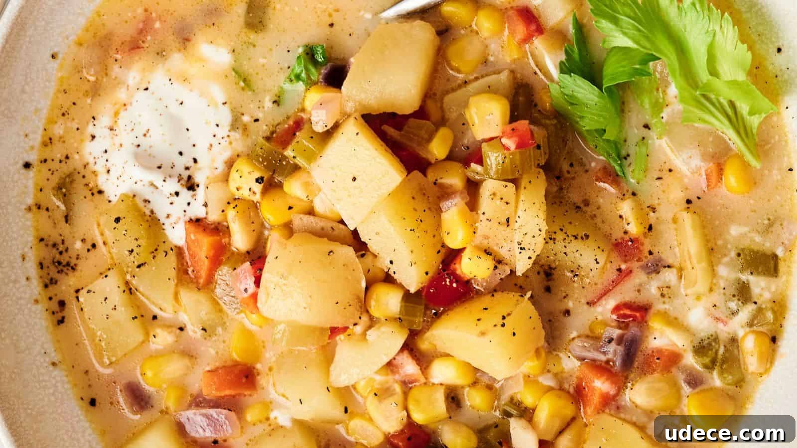 A bowl of vegetable chowder with potatoes, corn, celery, and peppers, topped with black pepper and a dollop of sour cream, garnished with a celery leaf.