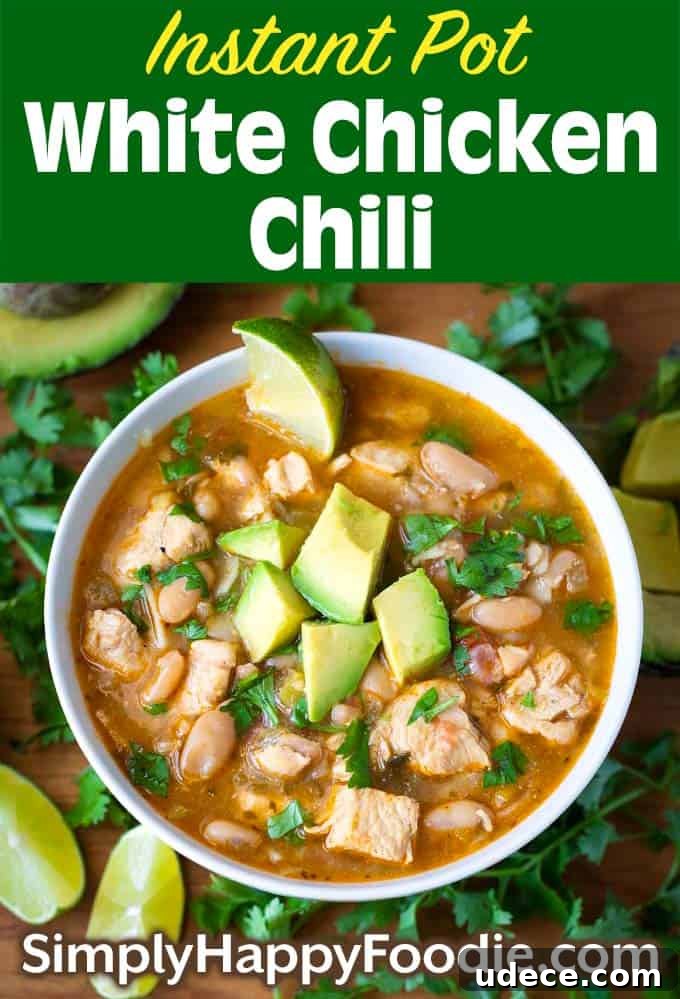 Creamy Instant Pot White Chicken Chili Recipe for Weeknights 4 Instant Pot White Chicken Chili with title and simply happy foodie logo