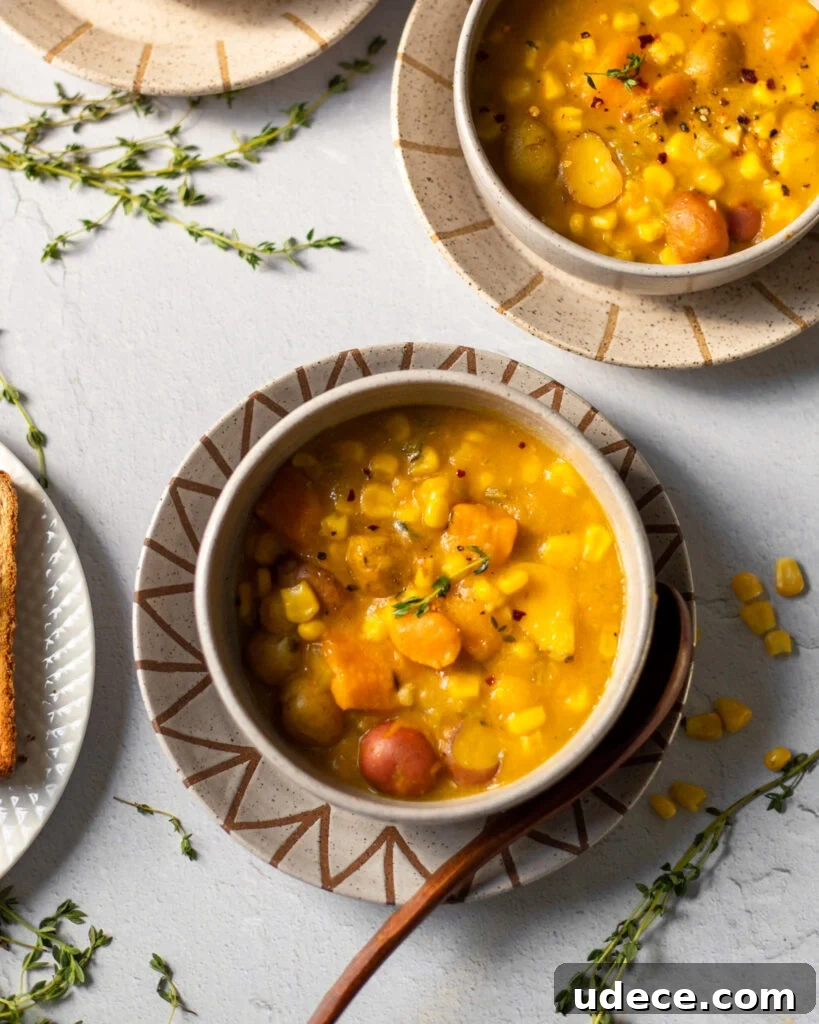 image- overhead view of a bowl of vegan corn chowder with butternut squash, sweet potatoes and thyme.