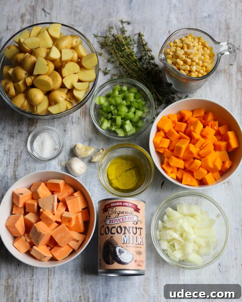 Overhead view of ingredients for Vegan Corn Chowder.