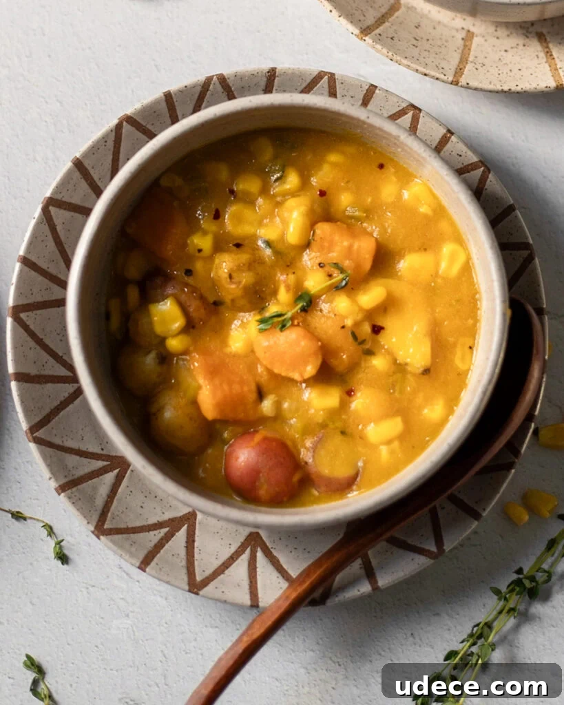 Close up view of Vegan Corn Chowder in a bowl