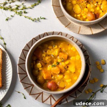 overhead view of vegan corn and squash chowder with coconut milk on a gray surface.