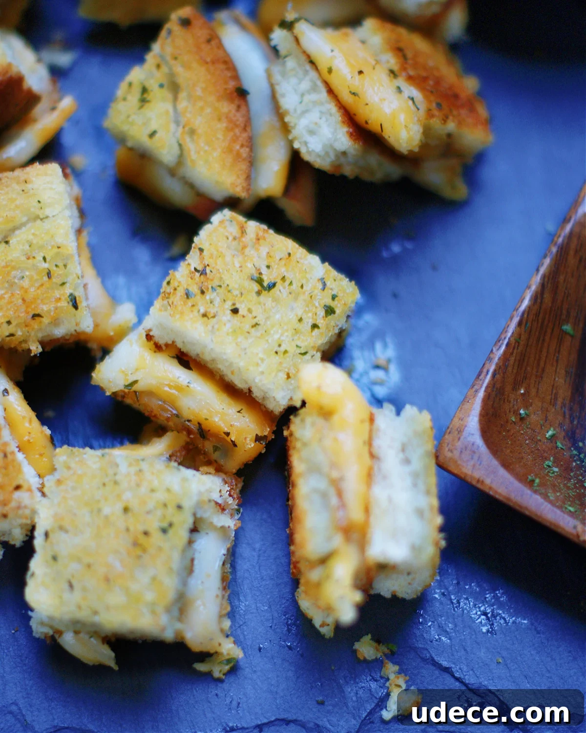 Crispy Grilled Cheese Croutons Recipe for Salads and Soups 2 up close of grilled cheese croutons to show texture and ingredients