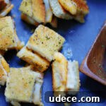 Crispy Grilled Cheese Croutons Recipe for Salads and Soups 10 up close of grilled cheese croutons to show texture and ingredients