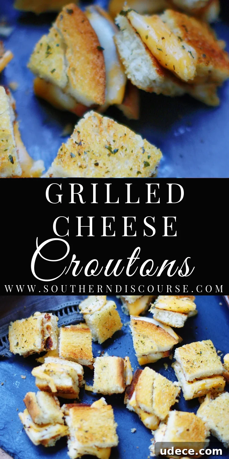 Crispy Grilled Cheese Croutons Recipe for Salads and Soups 12 Who needs plain ol' croutons when you can top your favorite soups and salads with crisp, bite-sized versions of a melty childhood favorite? These clever Grilled Cheese Croutons are the ultimate feel good salad and soup topper!