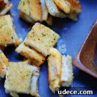Crispy Grilled Cheese Croutons Recipe for Salads and Soups 9 up close of grilled cheese croutons to show texture and ingredients