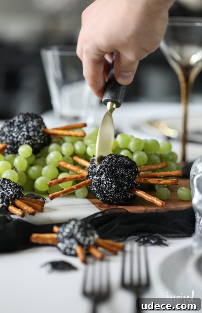 Creepy Spider Cheeseballs Recipe for Halloween Party Snacks 3 Spooky Spider Cheeseball for Halloween