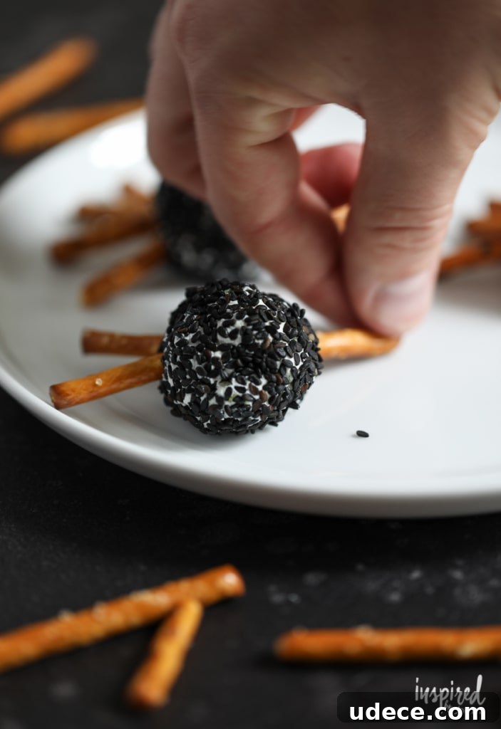 Creepy Spider Cheeseballs Recipe for Halloween Party Snacks 9 Coating cheeseballs