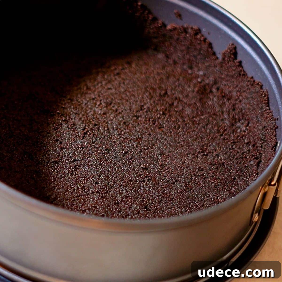 Decadent French Silk Pie Recipe: Smooth Chocolate Silk Pie 12 The Oreo crust pressed in the springform pan.