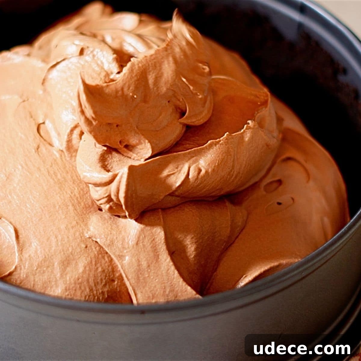 Decadent French Silk Pie Recipe: Smooth Chocolate Silk Pie 21 The chocolate mousse on the prepared pan.