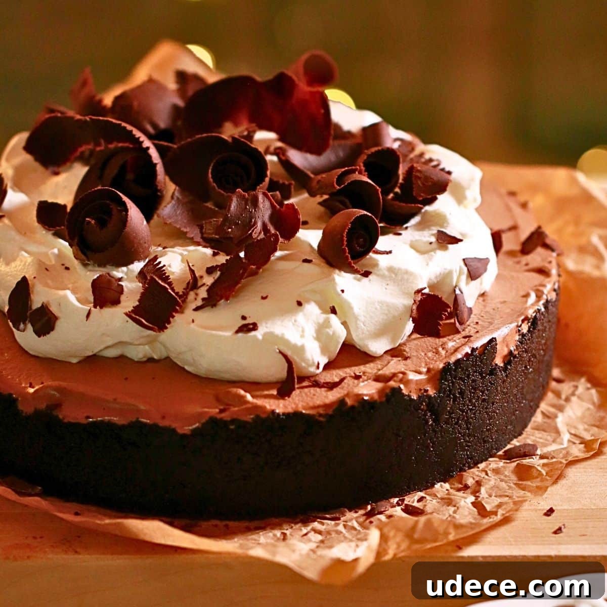 Decadent French Silk Pie Recipe: Smooth Chocolate Silk Pie 25 The finished French silk pie with chocolate curls on top.