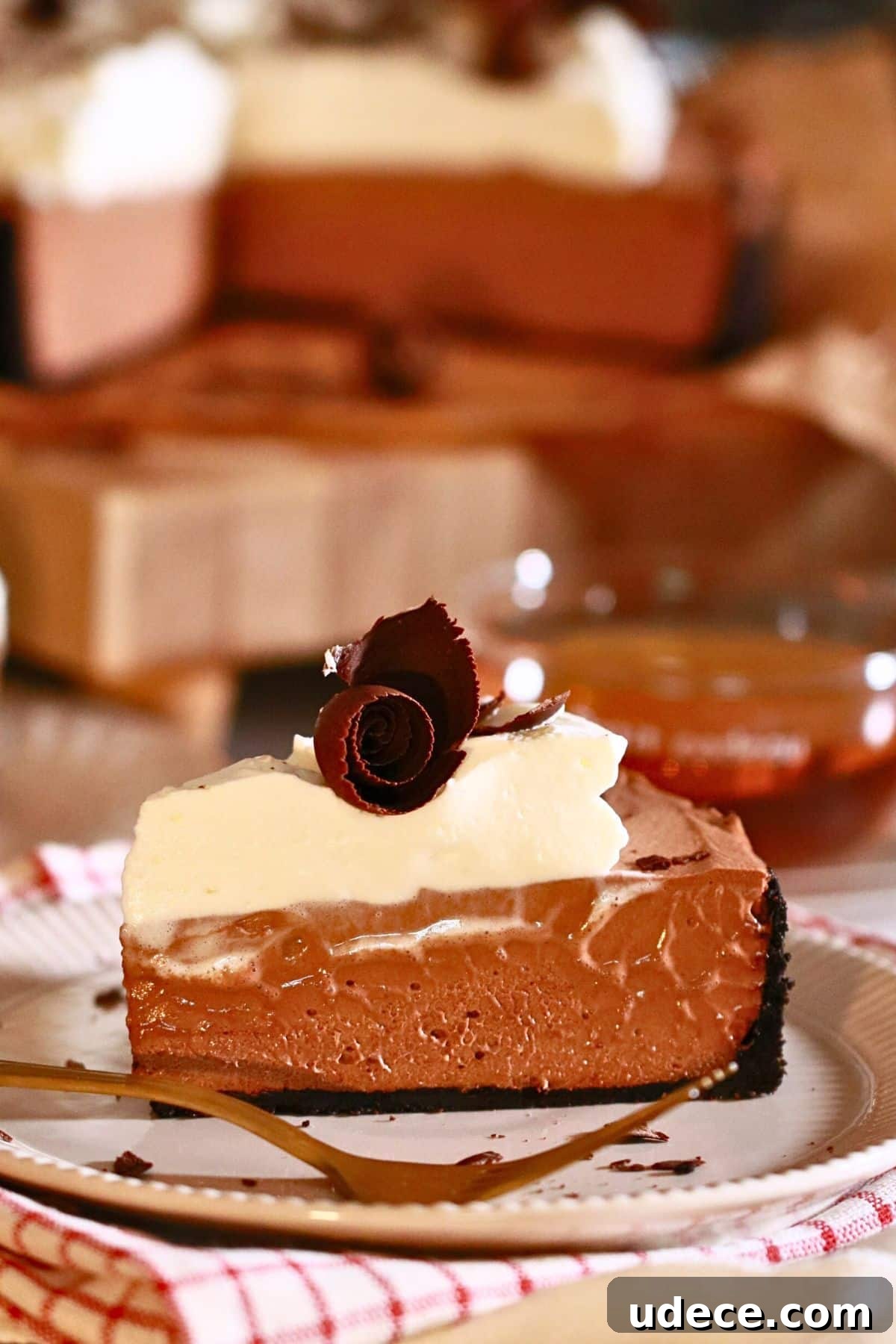 Decadent French Silk Pie Recipe: Smooth Chocolate Silk Pie 4 Light and smooth French silk pie with Oreo crust and whipped cream and chocolate curls toppings