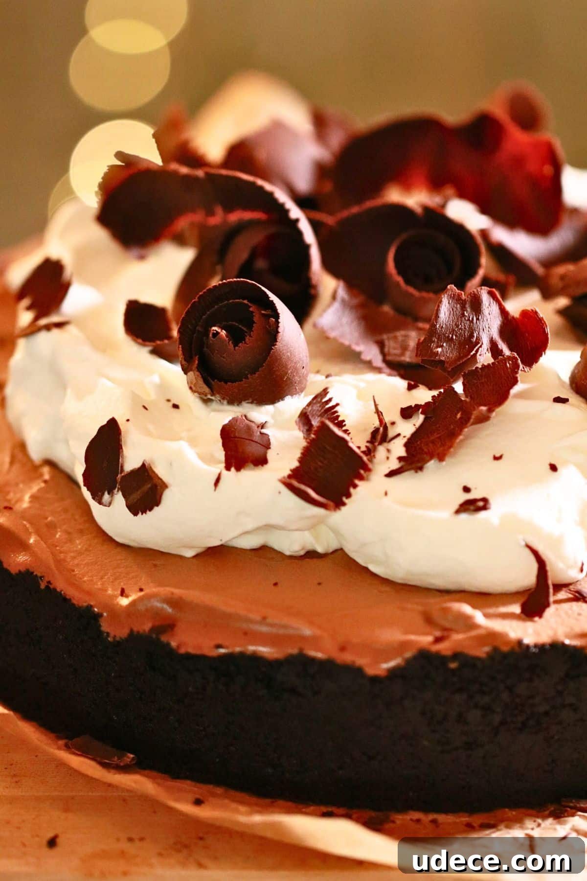 Decadent French Silk Pie Recipe: Smooth Chocolate Silk Pie 5 A 9-inch homemade French silk pie, topped with whipped cream and chocolate curls.
