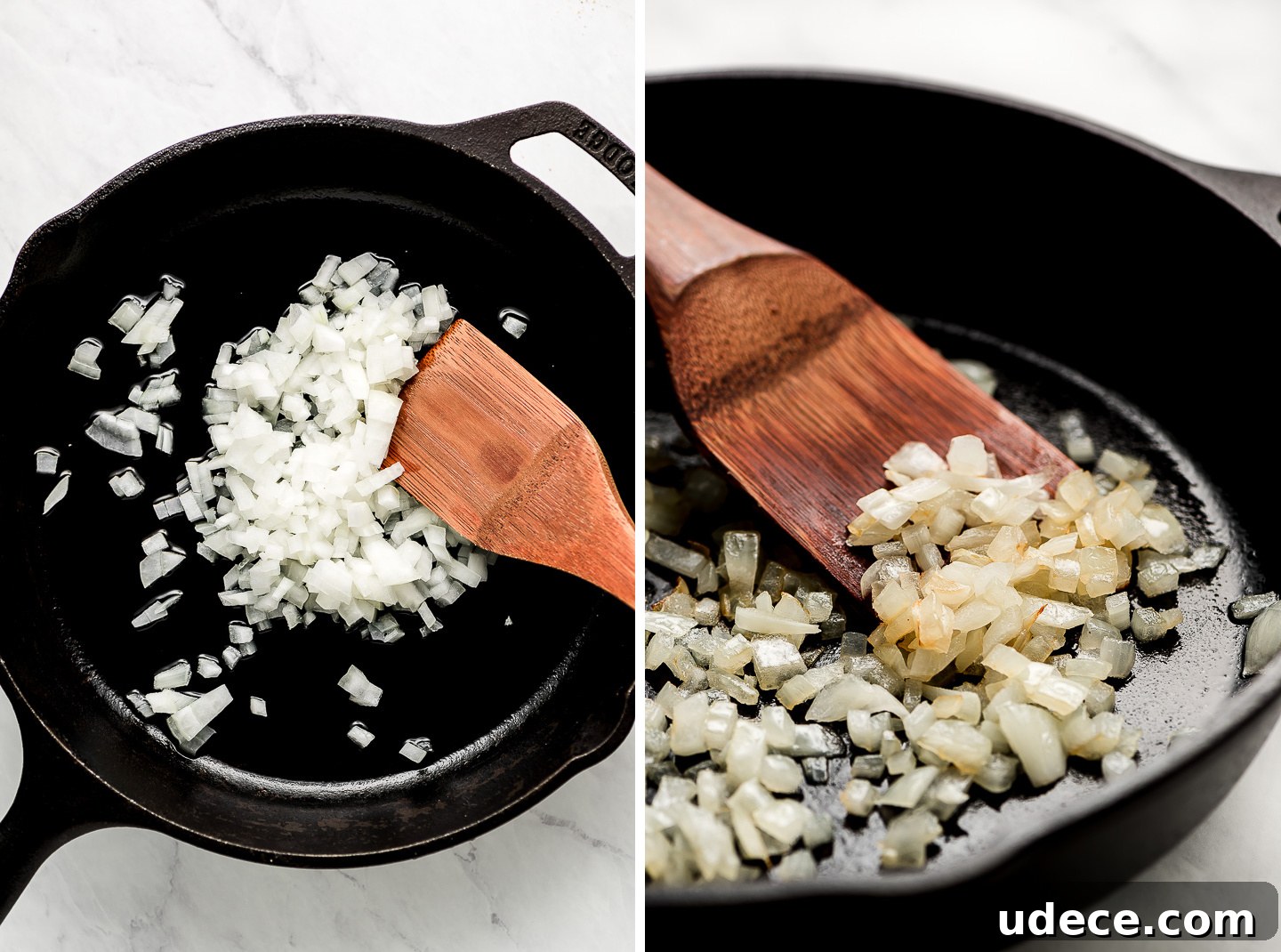 A cast iron skillet with raw onions; cooked, translucent onions in a skillet.
