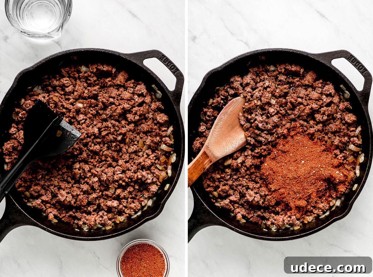 Ground beef and onions browned in a cast iron skillet; taco season added.