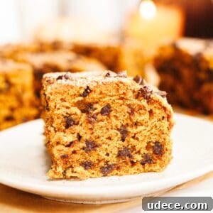 A close up of a square slice of pumpkin chocolate chip cake on a small plate.