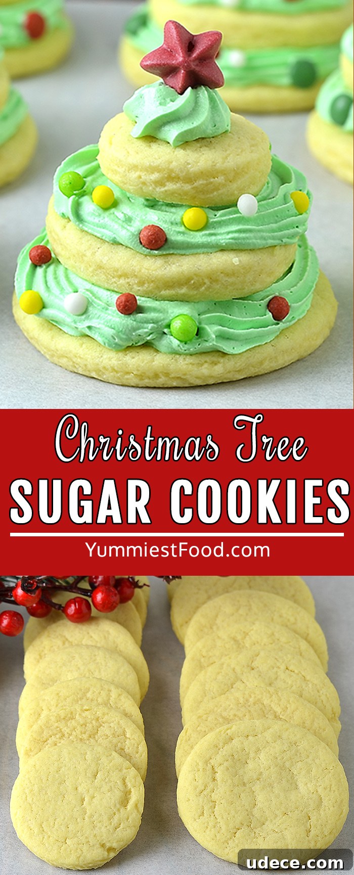 A beautiful arrangement of Stacked Christmas Tree Sugar Cookies, layered with vanilla buttercream frosting, perfect for festive celebrations.