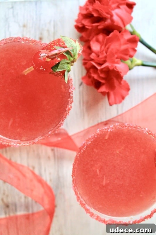 Sparkling Strawberry Satin Kiss: Valentine's Day Rum Cocktail 12 top off with sparkling pomegranate juice and rose champagne