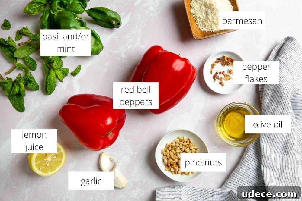 Roasted Red Pepper Pesto Pasta — Gluten-Free Recipe 3 All of the ingredients for the roasted red pepper pesto recipe arranged on a surface with labels.