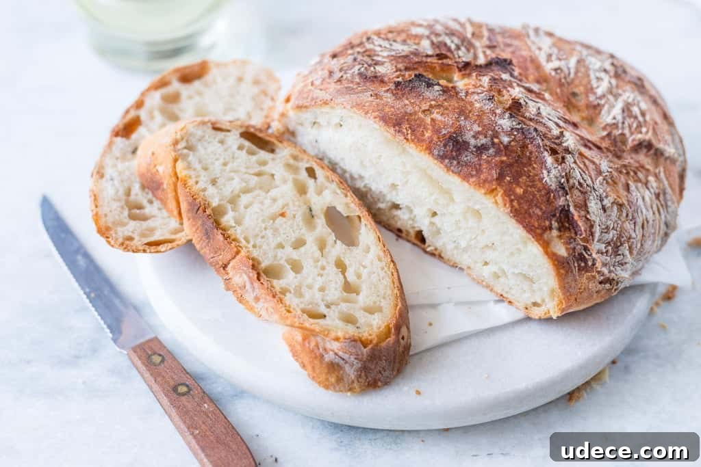 No-Knead Artisan White Bread Recipe for Soft, Crusty Loaves 2 Slice of no-knead rustic white bread showing beautiful air-pockets.