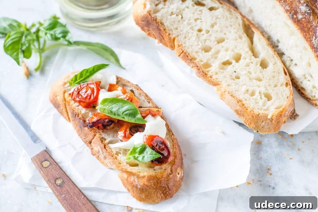 Brushetta photo with no-knead bread Bruschetta of no-knead bread, roasted tomatoes, fresh basil and mozzarella