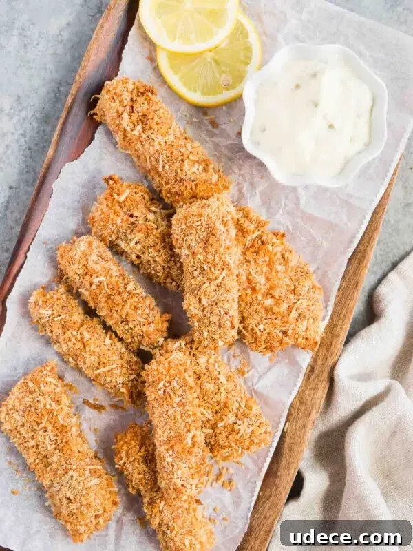 Sticky Honey-Glazed Salmon with Garlic and Soy 7 fish sticks on a wooden board with tartar sauce