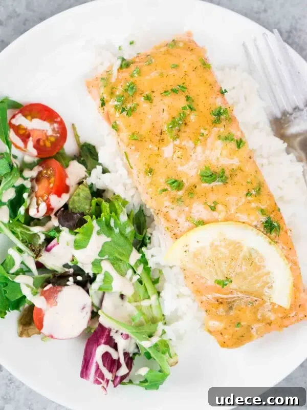 Sticky Honey-Glazed Salmon with Garlic and Soy 9 Glazed Honey Dijon Salmon with a side salad on a white plate