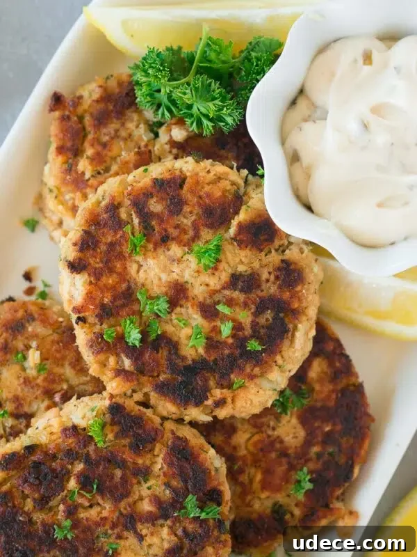 Sticky Honey-Glazed Salmon with Garlic and Soy 10 close up shot of salmon patty with tartar sauce on a platter
