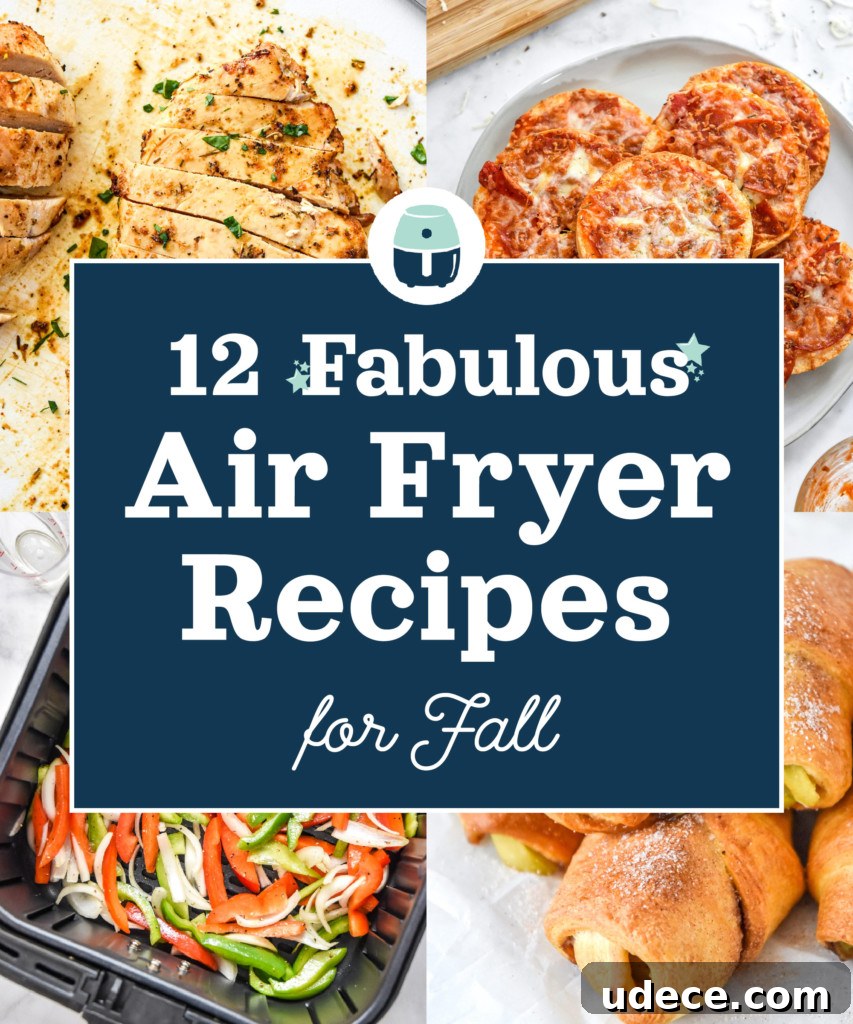 12 Cozy Air Fryer Recipes Perfect for Fall Meals 2 cover image with text for post 12 fabulous air fryer recipes for fall.