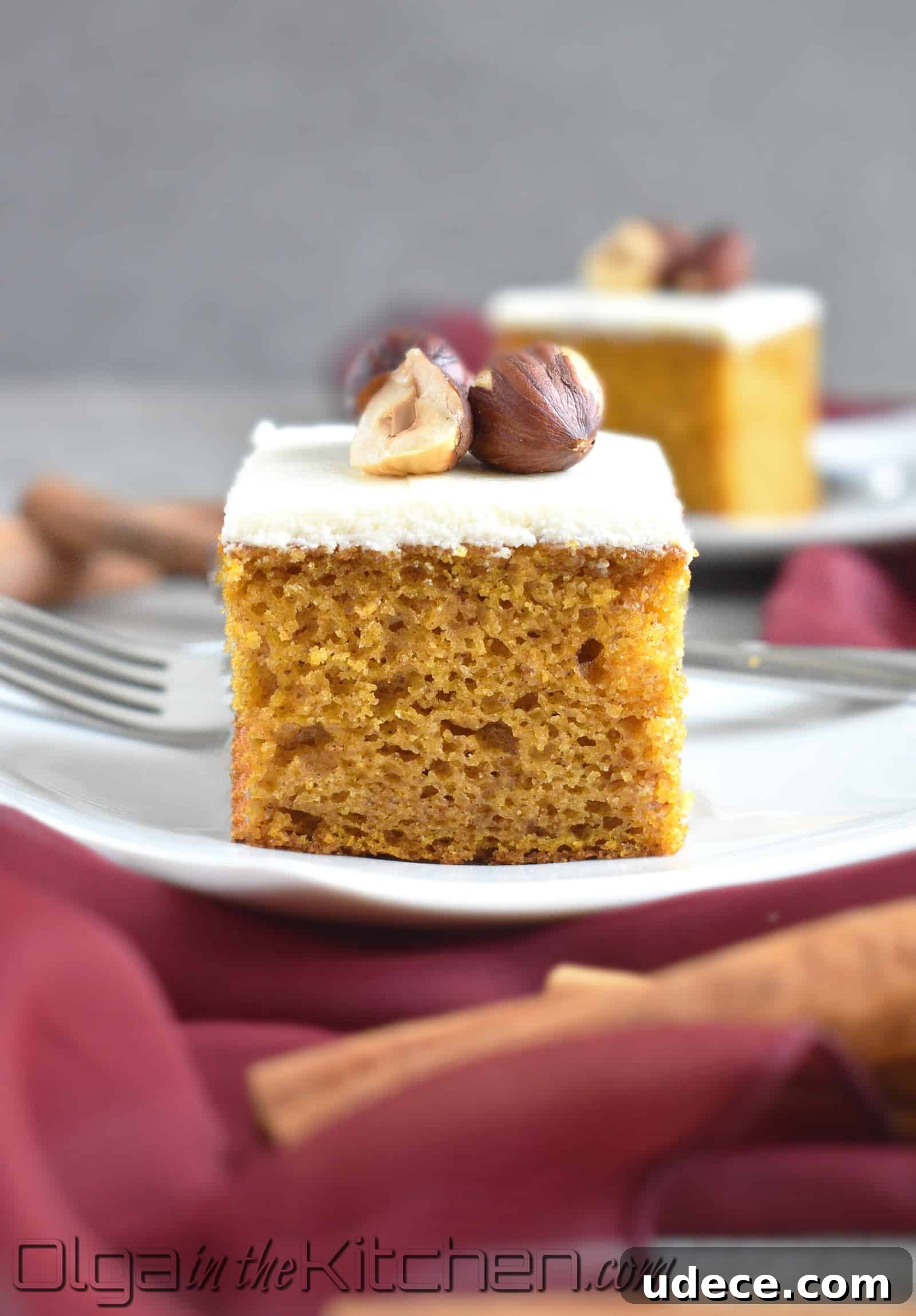 Moist Pumpkin Sheet Cake Recipe with Spiced Cream Cheese Frosting 2 Pumpkin Sheet Cake: simple, fluffy, moist and topped with sweet cream cheese frosting. | olgainthekitchen.com