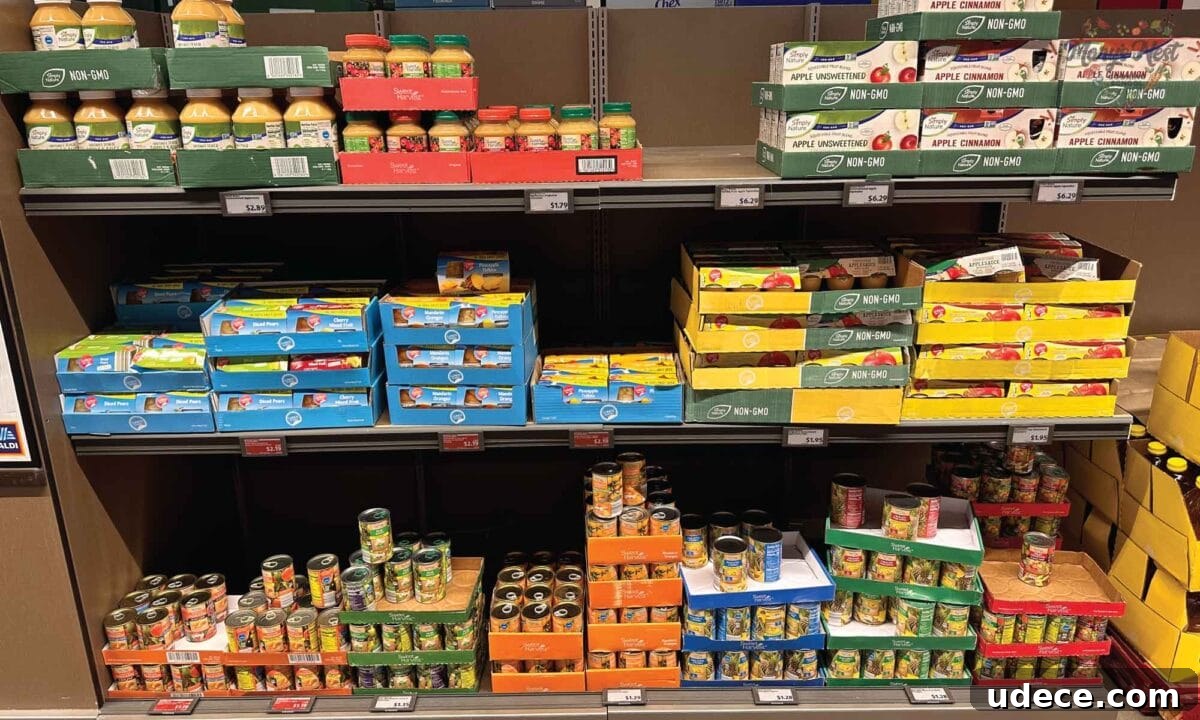 Save Money on Groceries at Aldi: 7 Practical Tips 3 Showing shelves of canned fruit at Aldi.