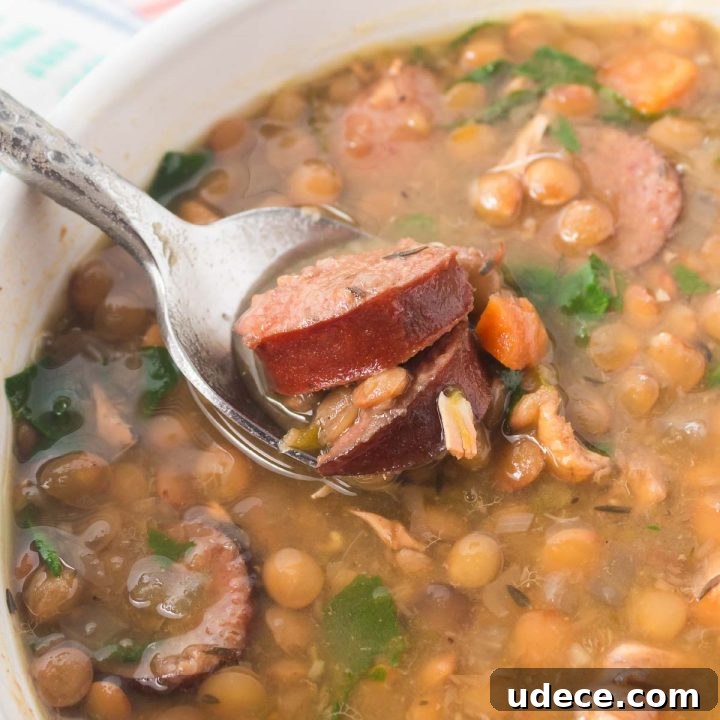 Week 33 Meal Plan for Group 1: Daily Dinner & Prep Guide 3 Bowl of lentil soup with kielbasa, spinach, carrots, onion, and green pepper with a spoonful held above the bowl.