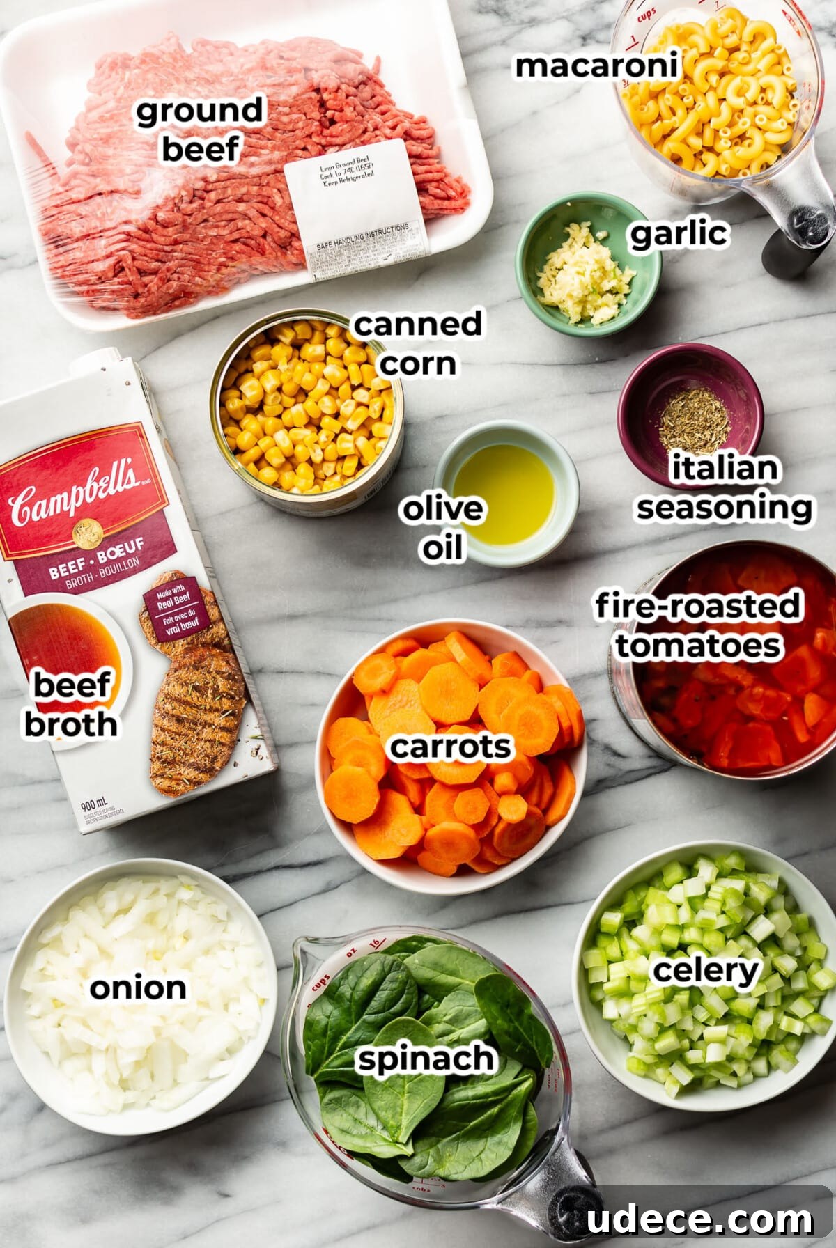 Comforting Macaroni Soup Recipe with Savory Broth and Veggies 3 ingredients for macaroni soup in prep bowls