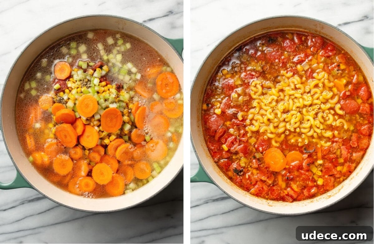 Comforting Macaroni Soup Recipe with Savory Broth and Veggies 5 adding vegetables to a pot of soup then stirring in macaroni