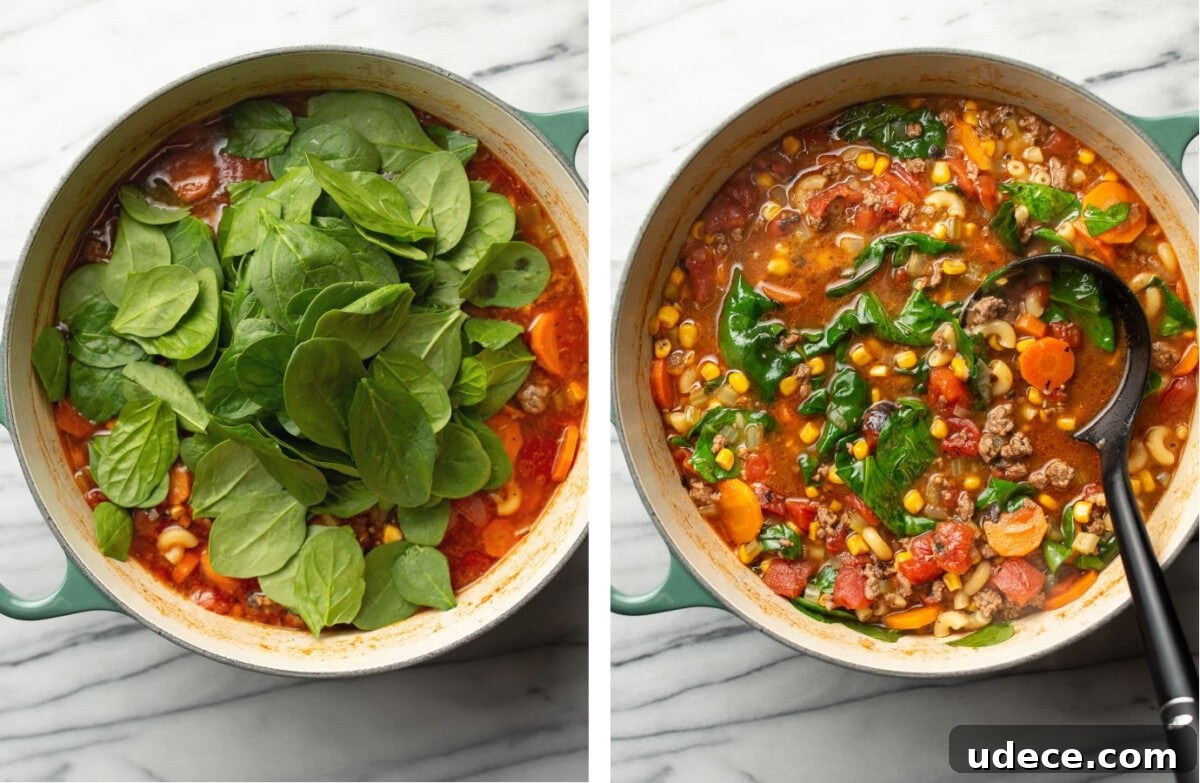 Comforting Macaroni Soup Recipe with Savory Broth and Veggies 6 stirring in spinach into a pot of macaroni soup and serving with a ladle