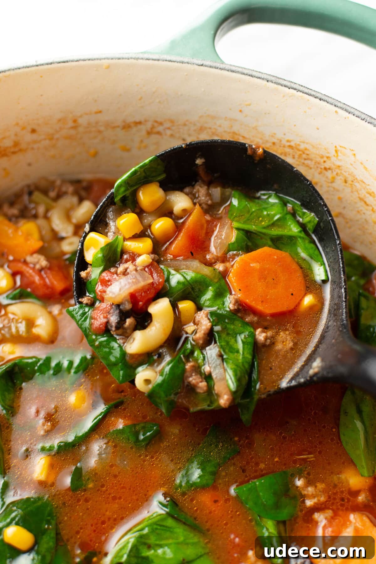 Comforting Macaroni Soup Recipe with Savory Broth and Veggies 7 a soup pot with macaroni soup and a ladle