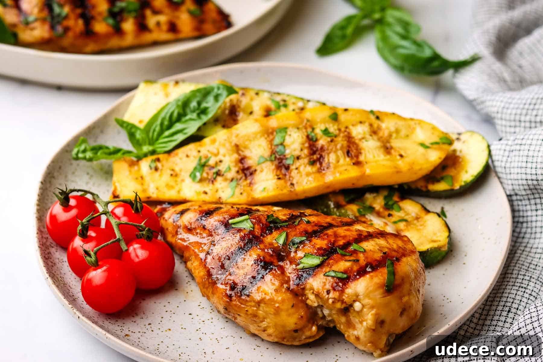 Grilled Balsamic Chicken with Garlic and Rosemary Marinade 3 a plate of grilled chicken breast with roasted veggies and cherry tomatoes.