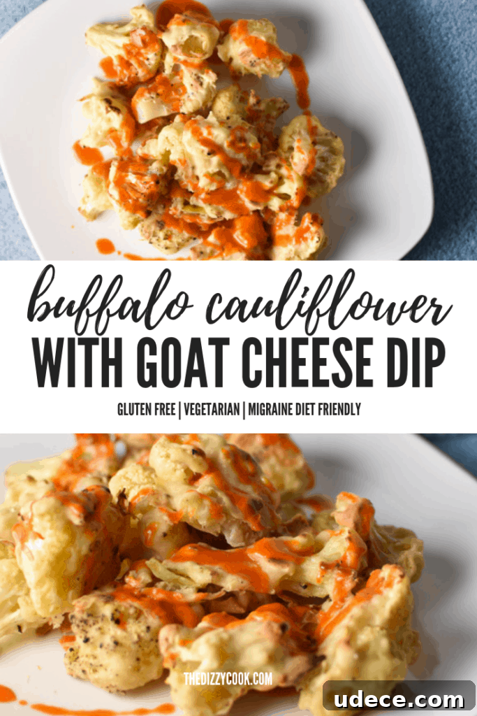 Buffalo cauliflower with faux blue cheese dip is a migraine friendly vegetarian alternative to the traditional game day food. Fresh goat cheese provides a tangy, creamy flavor!