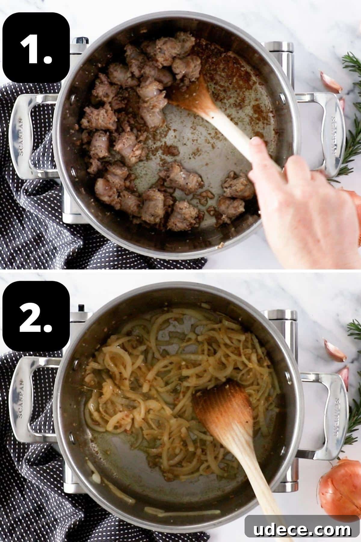 Mediterranean Sausage and Vegetable Casserole Recipe 4 Steps 1-2 of preparing this recipe - browning the sausage in a pan and then browning the onion in the same pan.