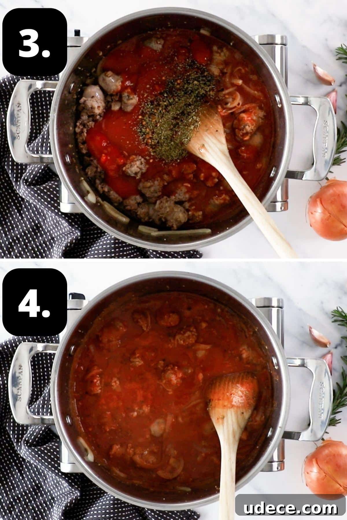 Mediterranean Sausage and Vegetable Casserole Recipe 5 Steps 3-4 of preparing this recipe - the herbs and tomato added to the sausages and onions and the dish ready for the oven.