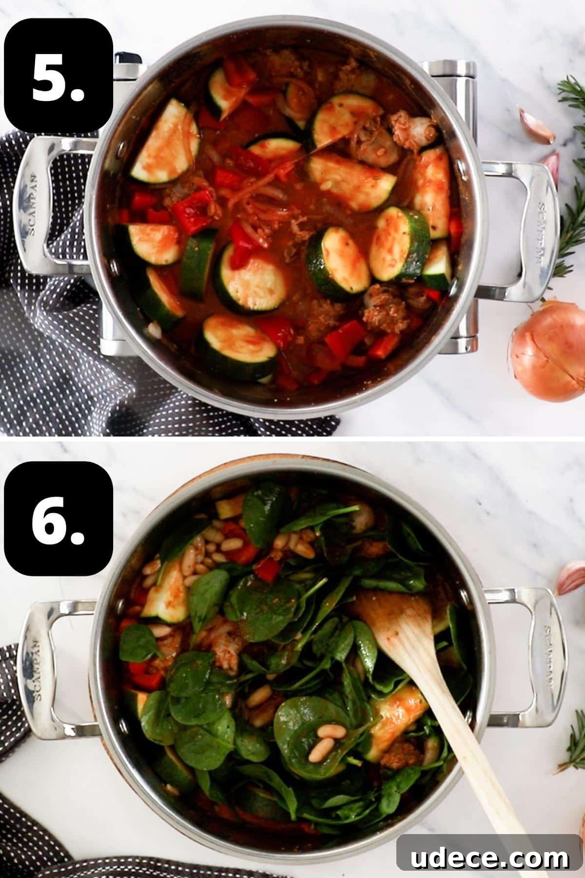 Mediterranean Sausage and Vegetable Casserole Recipe 6 Steps 5-6 of preparing this recipe - the vegetables being added to the dish and lastly the spinach and beans being added.