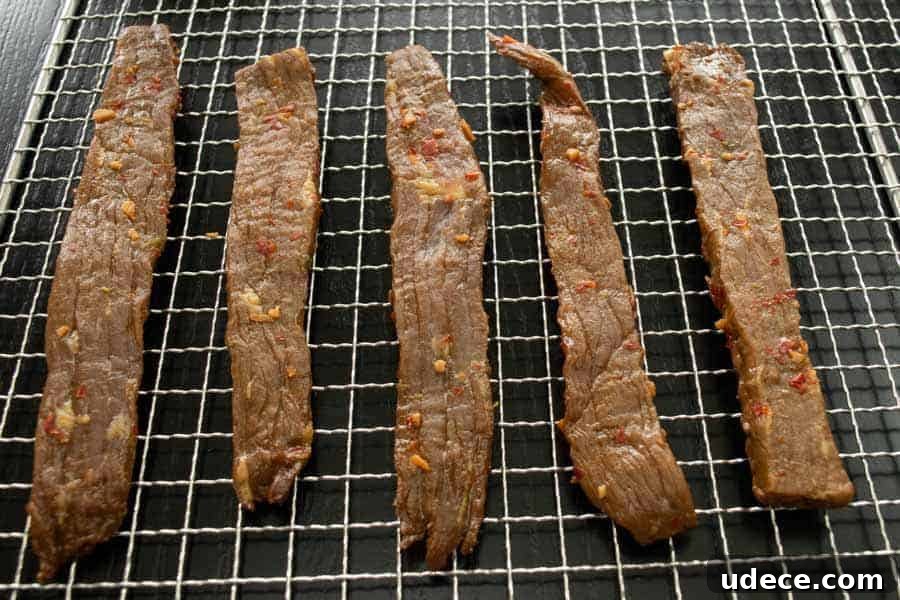 Chili lime jerky on dehydrator rack